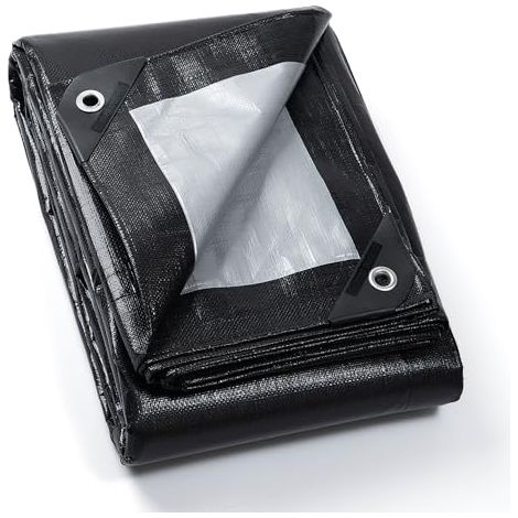 Lona impermeable con ojales, 3 m x 6 m, negra/gris, tejido de 190 g/m², multiusos, resistente al desgarro, estabilizada contra los rayos UV y resistente al moho.