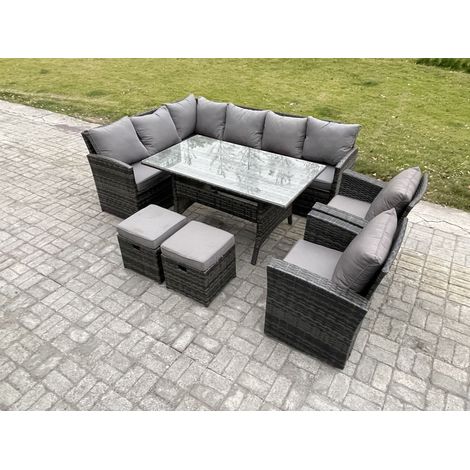 Fimous 10 Sitzer Outdoor Rattan Gartenmöbel-Set mit Rechteckiger Esstisch 2 Kleiner Hocker 2 Sesseln Dunkelgrau gemischt