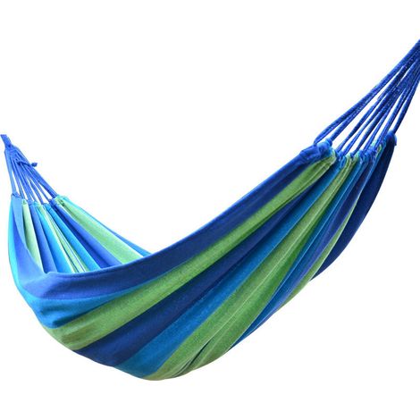 Filiyano-Hamac double portable pour le camping avec 2 sangles de fixation, tissu rayé coloré, bleu, pour intérieur et extérieur. (1/5)