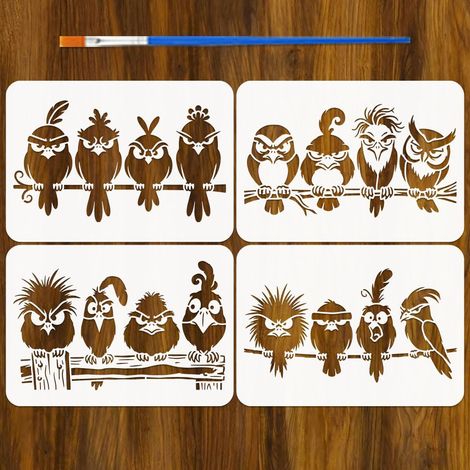 4 Pièces Pochoirs de Peinture d'Oiseaux Cartoon avec Pinceau 21x29,7cm Gabarit de Motif de Branche Réutilisable Pochoir d'Oiseaux Animal en Plastique Gabarit de Thème Animal pour Meuble (1/5)