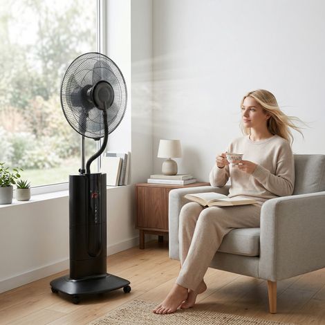 Ventilateur oscillant 3-en-1 nébuliseur eau télécommande minuterie 9h 45x38x130cm, noir