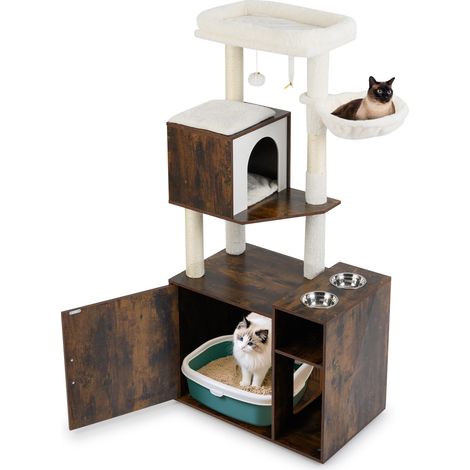 arbre à chat avec meuble caché pour bac à litière, bois, tour pour chat, poteau en sisal, tapis à griffer, balle suspendue, perchoir supérieur, baig