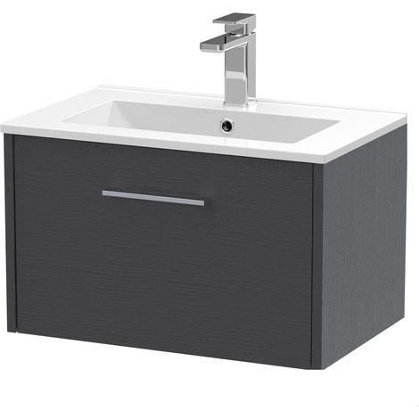 Winshill Contemporary 1 Drawer Wall Hung Vanity Unit with Minimalist Basin, Woodgrain Dark Grey, 600mm