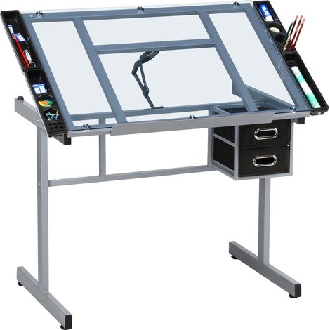 Yaheetech Mesa de Dibujo Inclinable Mesa de Pintura Multifuncional Escritorio con Tapa de Cristal 104x 60x 80cm para Arte Estudio con Tablero Ajustable de 0° a 60°