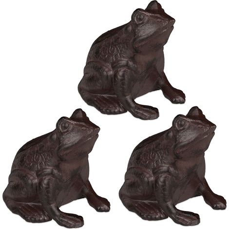 Relaxdays 3x Frog Ornament, Garden Figure, Cast Iron, Weatherproof, Antique Design, for Patio, Balcony, Terrace, Brown