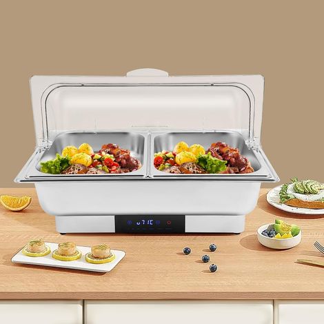Chafing Dish Chauffe-plat électrique 9 l, 600 W avec couvercle, 2 compartiments chauffe-plats en acier inoxydable, pour buffet, hôtel, buffet, pique-nique (1/5)