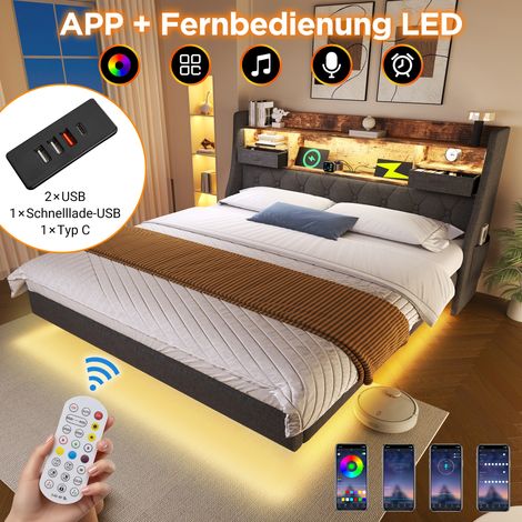 Lit suspendu capitonné 160x200 cm avec éclairage LED, tête de lit et station de charge (1 Type-C, 3 ports USB), lit double moderne avec tête de lit de rangement et sommier à lattes, lin, gris (sans ma (1/5)