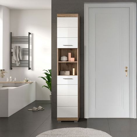 Colonne de salle de bain 37x31x191 cm chêne brun et blanc - BRUK