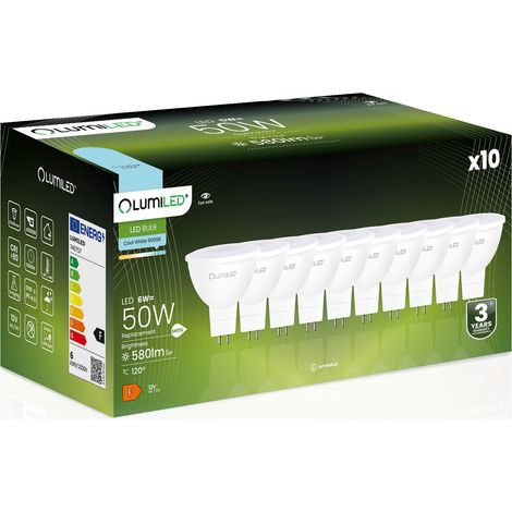10 lampadine LED GU5.3 Spotlight MR16 6W = 50W 580lm 6500K Luce fredda 120° 12V LUMILED