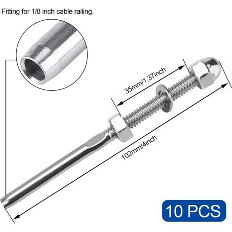 10 Pcs Tendeurs de Câbles Filetés Fendeur Câble Inox Garde Corps Câble Tendu Câble Inox Garde Corps Connecteur de Câble Métallique avec Écrou Joint pour Systèmes Gréement Garde-Corps 1/8 " (1/4)