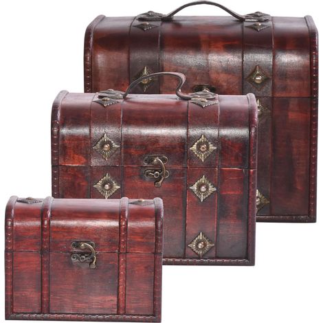3er Set Holz Schatz Truhen Aufbewahrung Dekoration Metall Beschlag Accessoires