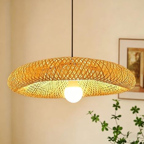 Suspension Luminaire 40 cm Style Bohème Champêtre, Hauteur Réglable, Lustre en Bambou avec Éclairage LED Blanc Chaud pour Cuisine, Salon et Salle à Manger (1/5)