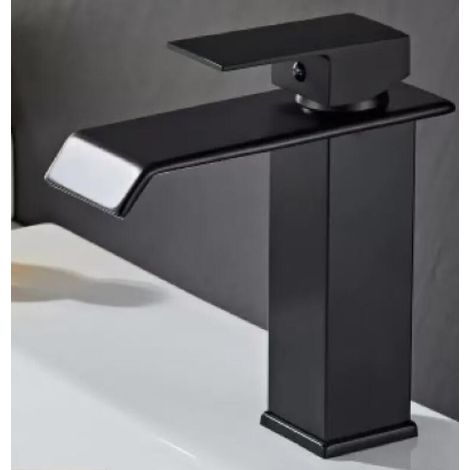 Robinet de salle de bain style cascade – Mitigeur eau chaude/eau froide monotrou – Bec droit – Profil bas – Noir : 17 x 6 x 20,5 cm (1/5)