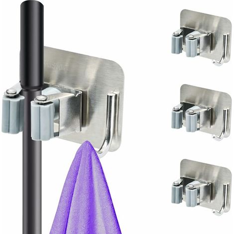 Wandbesenhalter, 4er-Set, Wandbesenhalter, ohne Bohren, selbstklebender Mopphalter mit Haken, Küchenaufbewahrung, platzsparend, für Badezimmer, Garten, Garage, Zuhause, Silber.