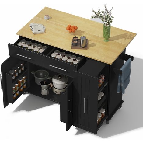 Îlot de cuisine mobile avec abattant, rangement 3 niveaux, étagères intérieures, 2 tiroirs, porte-serviettes et roulettes freinées, noir et bois clair – CHICFURN (1/5)