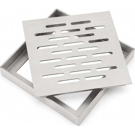 Écoulement de sol en acier inoxydable, carré avec cadre, couvercle de drainage antidérapant pour salle de bain, terrasse, jardin, extérieur, anti-blocage (200 x 200 x 20 mm) (1/5)