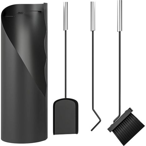 Ensemble Accessoires Cheminée - Brosse Pelle Tisonnier Seau - Métal Noir Revêtement Poudre - Pour Cheminée Bois Intérieure Extérieure - 4 Pièces (1/5)