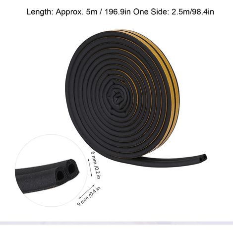 Joint d'étanchéité en caoutchouc auto-adhésif noir pour portes et fenêtres, 5 mètres, 9 x 6 mm (1/5)