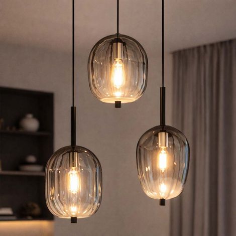 LED Hängelampe Pendelleuchte Deckenlampe Wohnzimmerleuchte Esszimmerlampe, Metall schwarz Glas rauchfarben, 3x LED 6W 700Lm warmweiß, H 120 cm
