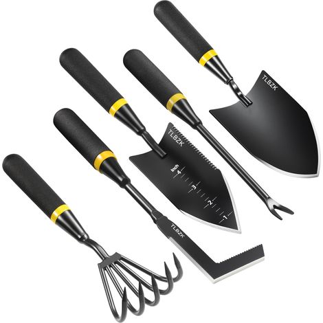 Ensemble d'outils de jardin : composé d'un cultivateur manuel robuste en acier inoxydable, d'une pelle à plantes, d'une truelle, d'un désherbeur à fissures et d'un désherbeur pissenlit (1/5)