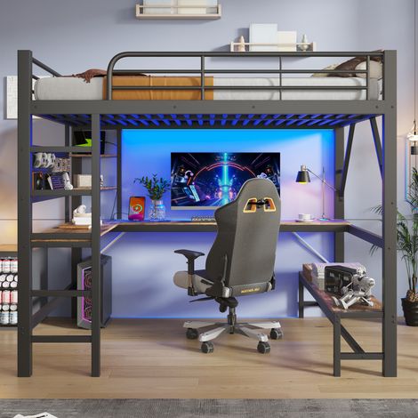 Lit Mezzanine 160x200 cm avec Bureau, Étagères, Panneau Perforé, LED, USB/USB-C, Échelle et Garde-Corps, en Métal - Noir (Sans Matelas) (1/5)