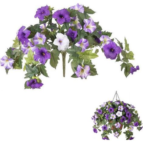 Gloire du matin artificielle - Pétunia nain - Plante suspendue - Fleur décorative d'extérieur - Fleur décorative d'intérieur - 64,8 x 40 cm - Violet - Fleur synthétique/en soie violette (1/5)