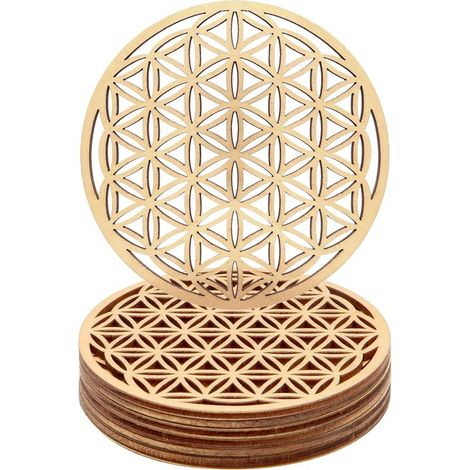 Lot de 10 dessous de verre en bois, motif Fleur de Vie, pour la méditation, décoration d'intérieur et de restaurant (10 x 10 cm)