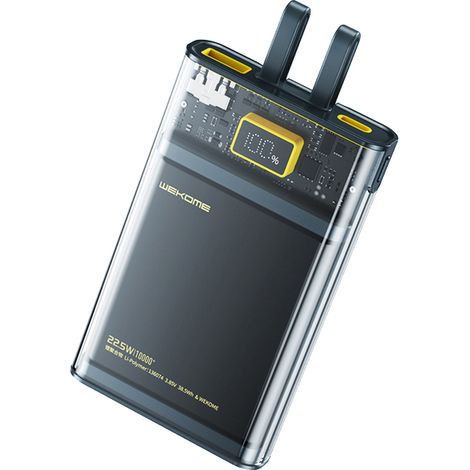 Wekome WP-323 Serie Vanguard - Batería externa de 10000 mAh con carga rápida, USB-C y Lightning PD de 20 W integrados + cable QC de 22,5 W (Negro/Transparente) (1/5)