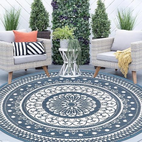 Outdoor Rug Round Plastic Clean Mat for Outdoor Patio Garden RV Trailer Deck Picnic Blue 240cm (1/5)