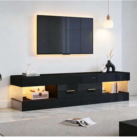 Mobile TV 152x35x40 cm nero in truciolare con lati in acrilico, LED e 2 cassetti (1/5)