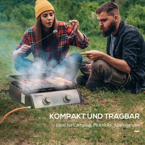 Grill à gaz BBQ avec 2 brûleurs, Grill à gaz avec tuyau, acier inoxydable et métal, plaque anti-adhésion, idéale pour le camping (1/5)