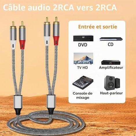 Câble RCA 2,3 m, 2 × 2 RCA mâles, câble audio stéréo pour amplificateur, caisson de basses, consoles de jeux, haut-parleurs, chaîne HiFi et home cinéma (1/4)