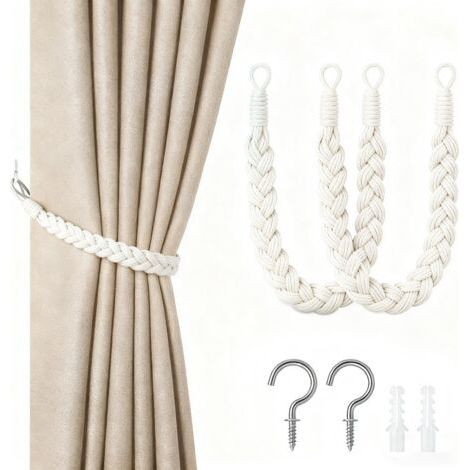 royaluxe-Lot de 2 embrasses pour rideaux - Cordon de 60 cm avec boucle - Embouts tissés à la main - Embouts torsadés - Avec crochets - Convient pour la maison, le bureau, le salon et la chambre, blanc (1/5)