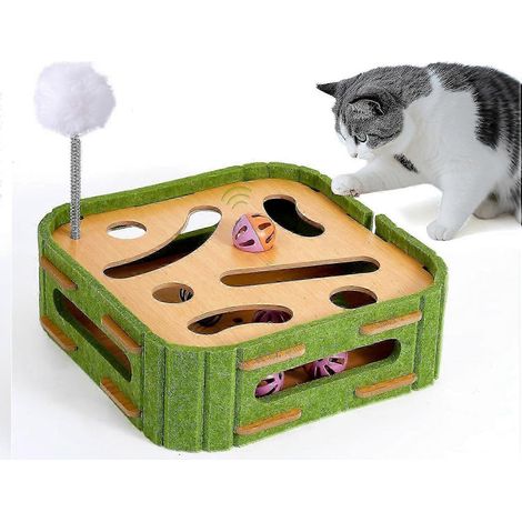 Jouet interactif en bois pour chat, puzzle d'intelligence avec distributeur de friandises et ressort en spirale, idéal pour les chatons et les chats adultes. (1/5)