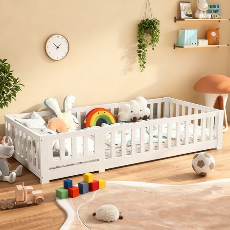 Lit au sol enfant 90x200 cm, lit sol 90x200, Lit pour enfant, avec sommier et barrière de lit, en bois, Blanc