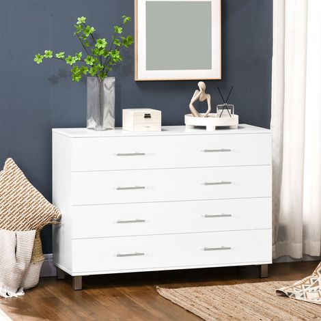 Blanc - Commode : 4 tiroirs pour la chambre, commode polyvalente pour le salon et le couloir avec poignées en métal
