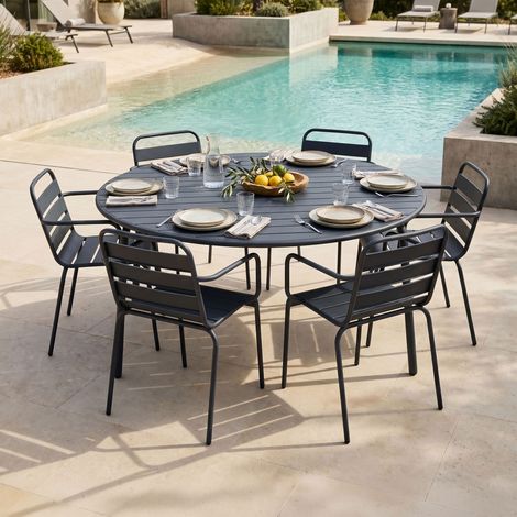 Ensemble table jardin 180 cm + 6 fauteuils en métal gris - BACA (1/5)