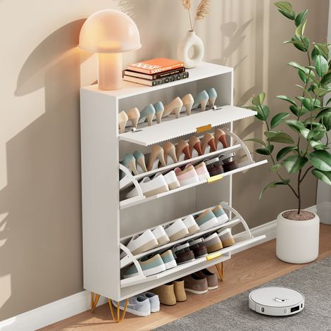Schuhschrank, Schuhkommode, Schuhschrank, Schuhschrank für den Eingangsbereich, Eleganter weißer Schuhschrank mit Wellentüren, praktische und sichere Aufbewahrung, mit Fächern (1/5)