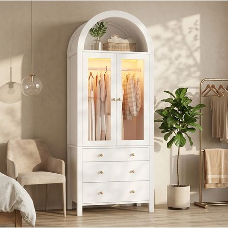 MODFU – Armadio 80x50x200 cm in pannelli legno con LED, 2 ante in vetro, 3 cassetti, scomparto portagioie e carico 30/20 kg – Bianco (1/5)