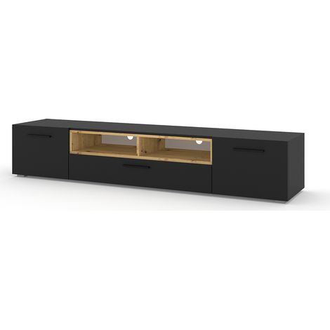 Meuble TV ANETTE 198 cm noir mat et chêne artisan – 3 compartiments fermés – Compatible téléviseur jusqu'à 90 pouces – Montage facile – Salone Srl (1/8)