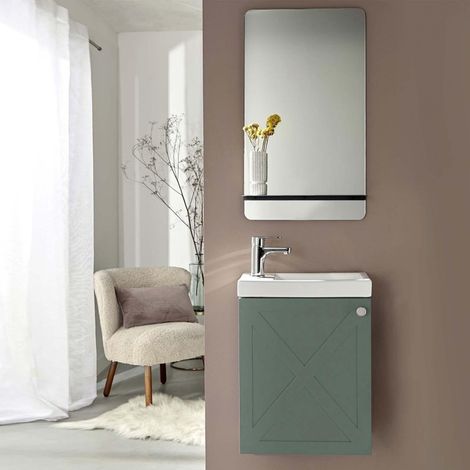 Mob-In – Ensemble meuble lave-mains vert de gris – Vasque réversible en résine – Miroir avec tablette – Robinet chromé mitigeur (1/5)