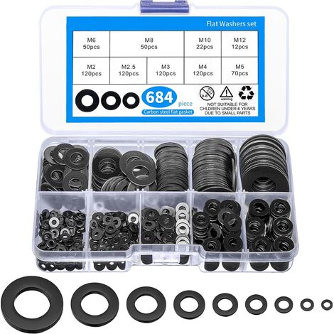 684 Pcs Rondelles Plates Metal, M2 M2.5 M3 M4 M5 M6 M8 M10 M12 Rondelles pour Gonds de Porte, Noires Rondelle de Blocage Plates Métal, Rondelle Joint Plomberie Assortiment Kit (1/5)