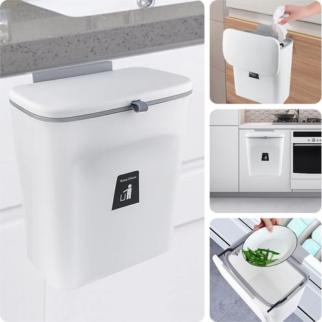 9L Compost Bin, Kitchen Trash Can with Lid Small Trash Can Hanging Over Countertop or Under Sink Organic Waste Storage Container Plastic Smell Proof, White (1/5)