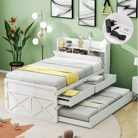 Lit simple en bois massif blanc 90x190 cm avec sommier à lattes, tiroirs et tête de lit USB (1/5)
