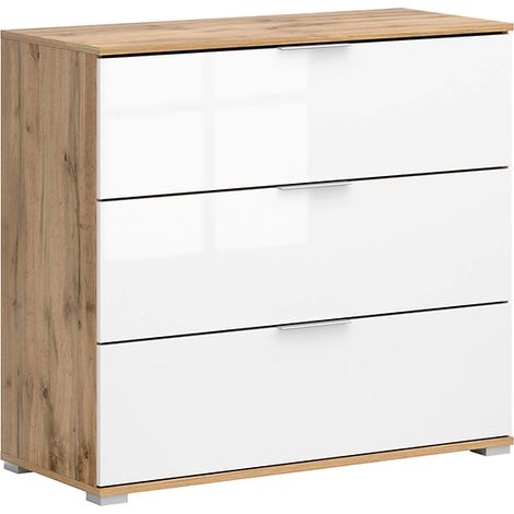 Commode meuble de rangement à 3 tiroirs,coloris Chêne wotan/Blanc brillant - Longueur 95 x Profondeur 41 x Hauteur 86 cm (1/4)
