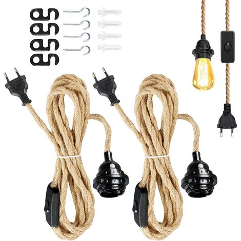 2 Pièces Lustre Corde de Chanvre, Lustre Corde 4.5 Mètres, Kit de Suspension Luminaire avec Douille E27 Interrupteur, Vintage DIY Lumière Pendante pour Industrielle,Bar,Maison,Lampe Créative (1/5)