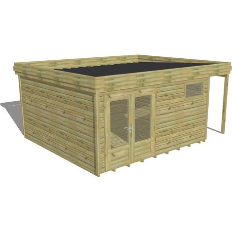 ABRI DE JARDIN bois Pin autoclave 27mm - 5,34x4,34m / 23,2m2 - Bac acier - Plancher bois
