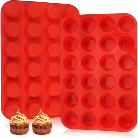2 Moules à Muffins,Silicone Alimentaire,24 Cavités,Antiadhésif,Rouge,Pour Cupcakes et Pâtisserie (1/5)