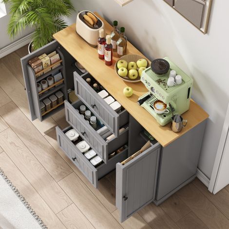 Buffet moderne et élégant avec 3 tiroirs et portes de type réfrigérateur, meuble de rangement pour salle à manger, salon et couloir (gris)