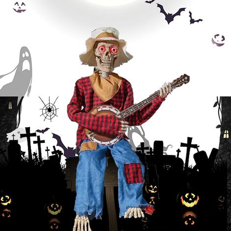 FNNMNNR Squelettes animés amusants jouant du banjo en duel Décorations d'Halloween animées (1/5)